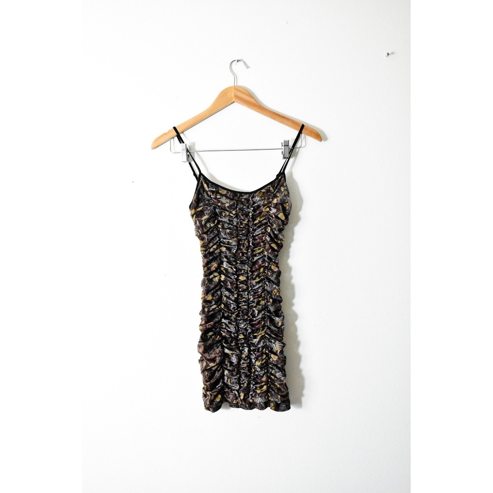 Urban Outfitters Ruched Mini Dress Women‎ Small Brown Y2K Floral Mesh Bodycon